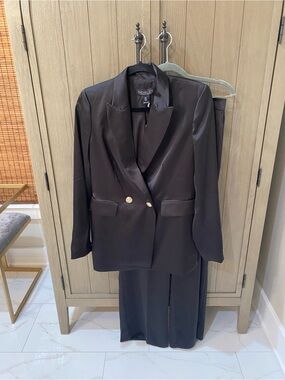 Rachel Zoe Black Satin Double-Breasted Blazer & Trousers with Gold Buttons